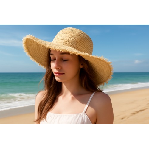 Wide Brim Straw Hat with Braided Straw Trim - Natural - HT-6044NAT